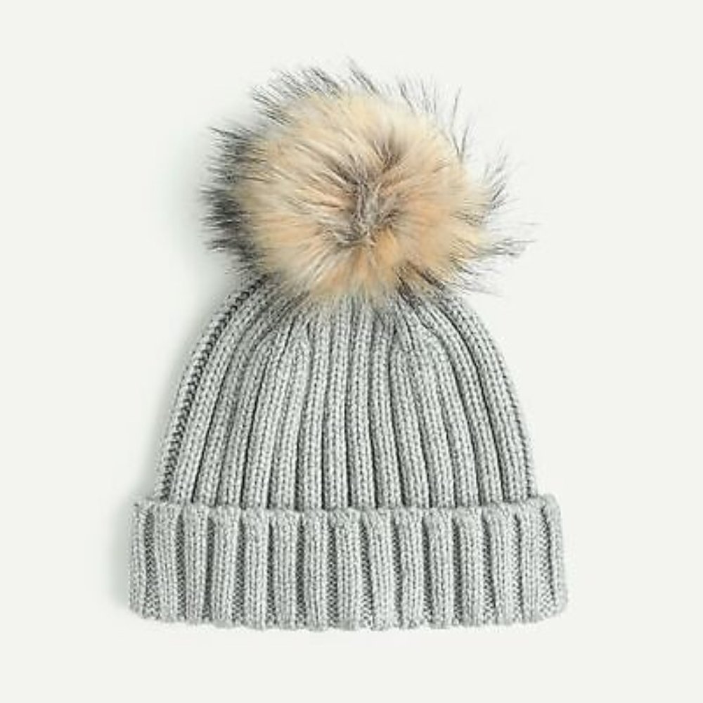 J.Crew Ribbed beanie with faux-fur pom-pom (NWT)